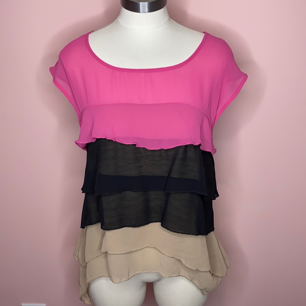 Poof Pink, Black, & Tan Ruffled Blouse